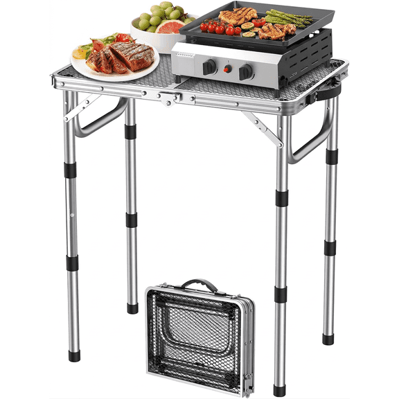 Lightweight Folding Grill Table with Mesh Desktop, Sliver, Adjustable Height Max 27.5" Aluminum Camping Table