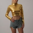 thumbnail image 6 of UYISJ Women's Shiny Metallic Liquid Crop Top Long Sleeve Mock Neck Turtleneck Slim Fitted Crop Top Clubwear Going out Shirts Gold S, 6 of 7