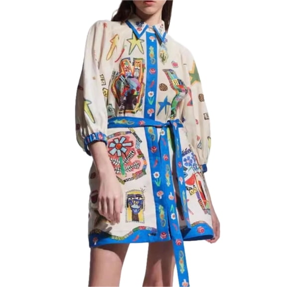 Women's Printed Tie Waist Mini Shirt Dress with Belted Front Button Details Polyester % Fabric with lightweight drape