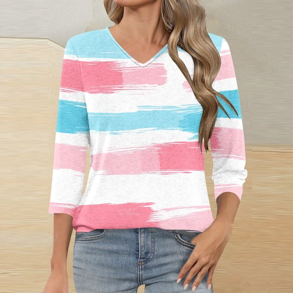 Jsaierl 3/4 Length Sleeve Womens Tops Summer Crew Neck Shirts Fashion Print Petite Blouses Workout Loose Fit Tunic Top S-3XL