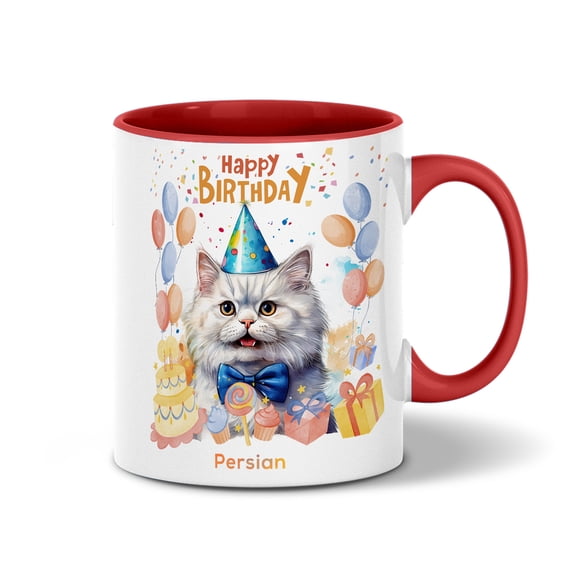 Watercolor Persian Happy Birthday Celebration Balloons Gift Party 11oz Accent Two-tone Mug Cat Lover Kitten Owner Gifts Coffee Tea Cup - 00028