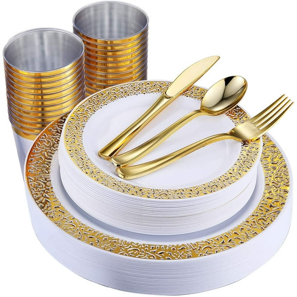 WELLIFE Lot de 150 assiettes en plastique doré avec argenterie jetable -  Comprend : 25 assiettes plates de 26 cm, 25 assiettes à dessert de 19 cm,  25