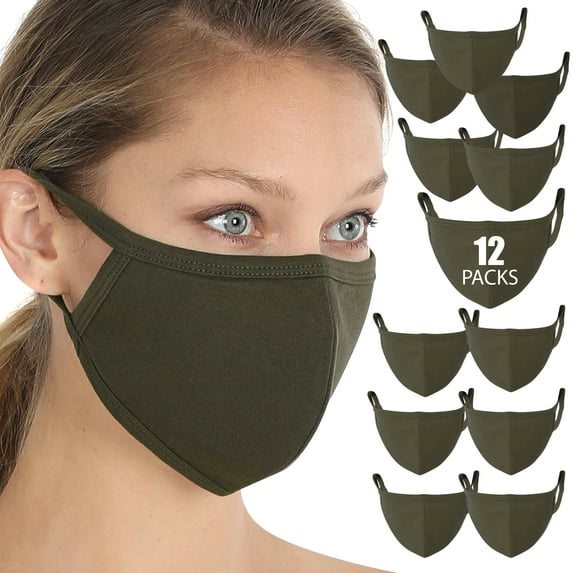 Fashion Washable Soft Cotton Adults Unisex One Size Face Covering Mask - DK Olive (12 Packs)