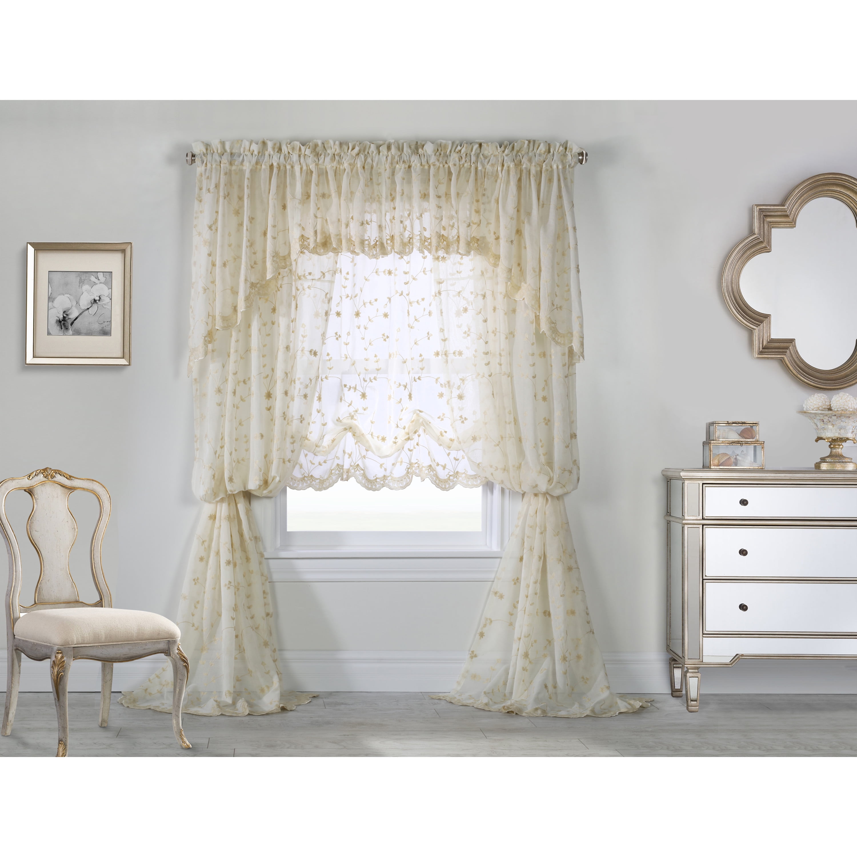 Garcia Embroidered Curtain Sheer with Scallop Detail 52" x 95" in Cream