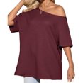 thumbnail image 6 of Short Sleeve Off Shoulder Solid Color Women Casual T Shirt, 6 of 7