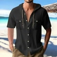 thumbnail image 2 of AHTJRT Mens Casual Short Sleeve Linen Shirts With Pocket Loose Fit Button Down Cardigan Hooded Vocation Tees Black 2XL, 2 of 6