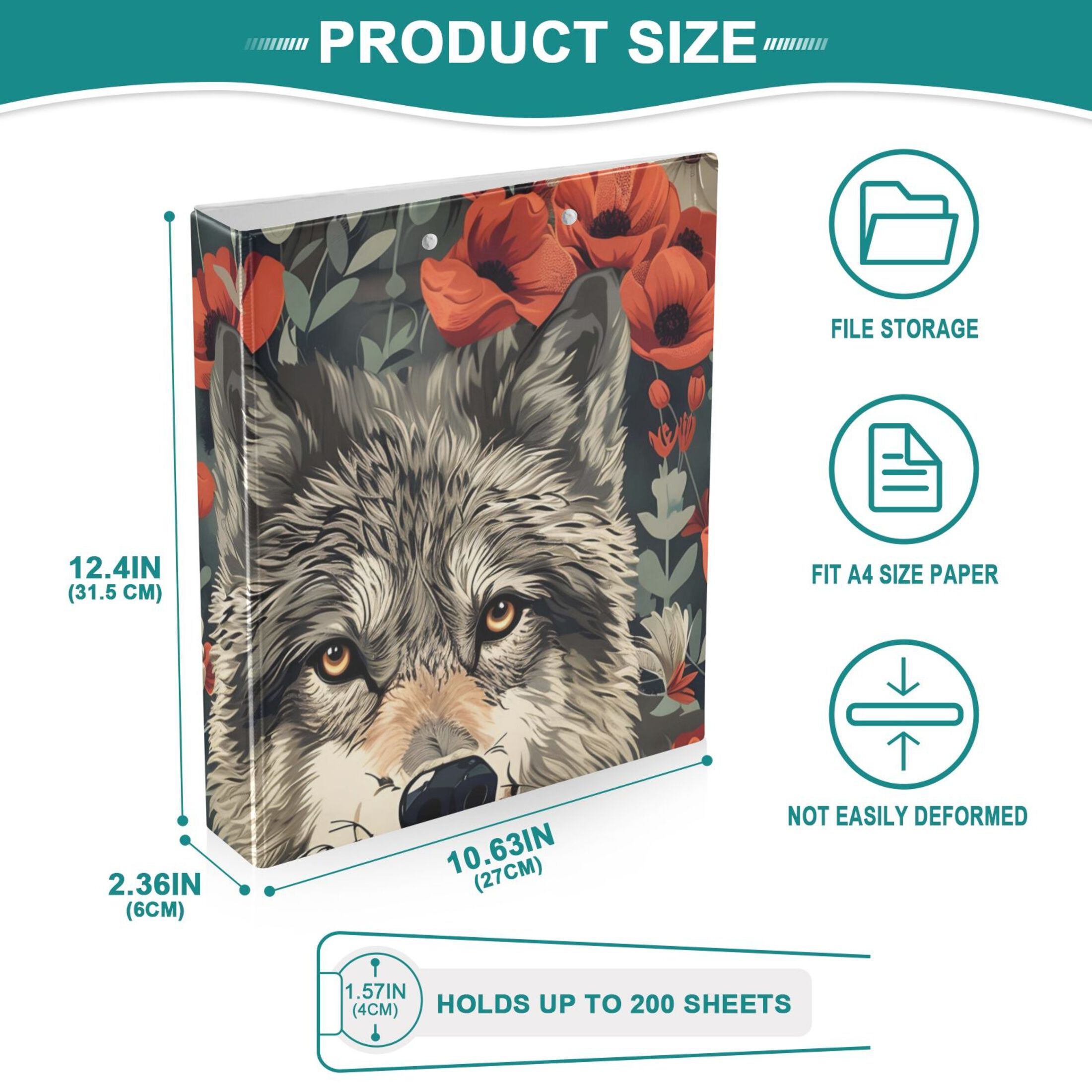 Flowers Wolf Poppy 3 Ring Binders 1.5 inch Hardcover File Folders with Interior Pockets A4 Size Organizer for School Office Hospital