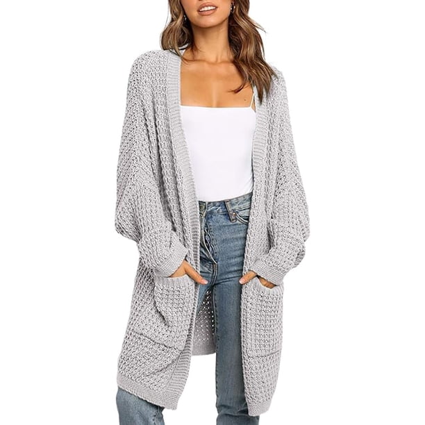 Cárdigan para mujer, cárdigan largo de punto grueso y liso, abrigo de punto gofre para otoño e invierno para mujer, suéter informal de manga larga con frente abierto y bolsillo