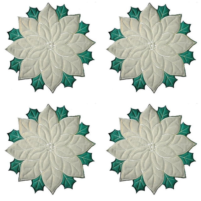 Manteles Individuales Bordados NavideñOs, Manteles Individuales con Apliques de Flor de Pascua, Manteles Individuales con Flores NavideñAs para DecoracióN de Mesa B