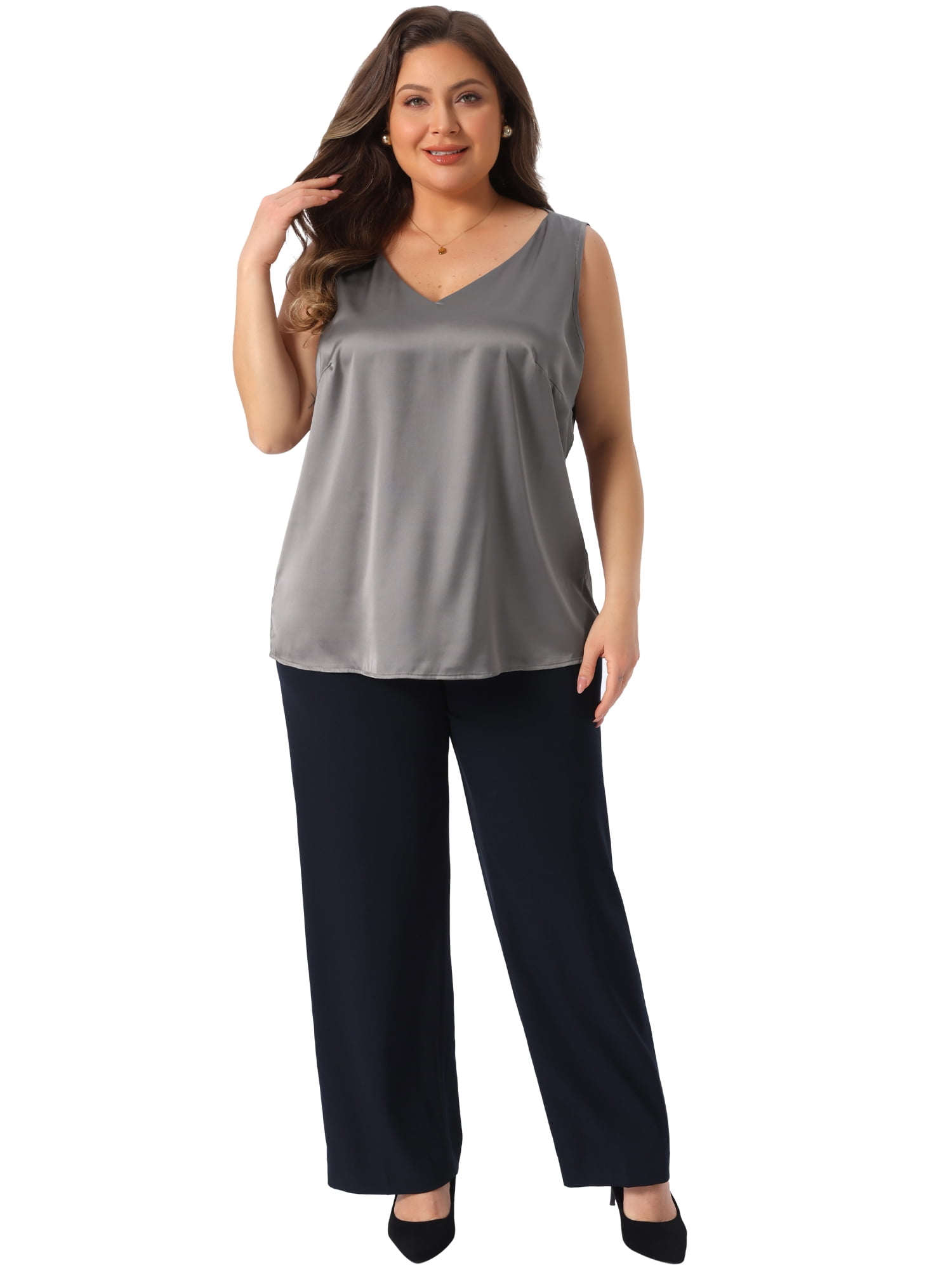 DARING DIVA Women's Plus Casual Silk Satin Tank Top V Neck Cami Blouse 4X Grey