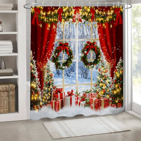 Joocar Shower Curtain Set Christmas Window Scene Print Polyester Shower Curtains for Bathroom 72x72 inch