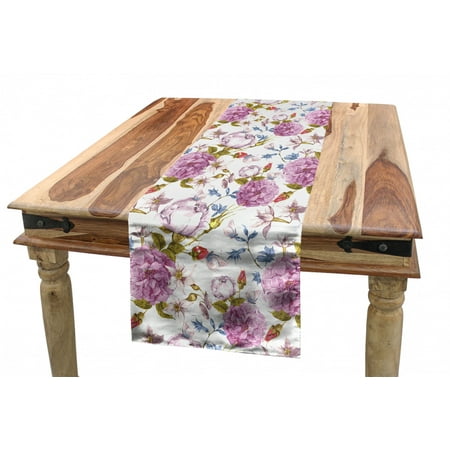 

Floral Table Runner Vintage Pastel Spring Scene with Hydrangea Blooms Garden Therapy Showy Birds Image Dining Room Kitchen Rectangular Runner 3 Sizes by Ambesonne