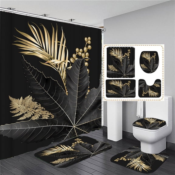 Black Leaves Plant Print 3D Shower Curtain Waterproof Polyester Bathroom Curtain Anti-slip Bath Mat Set Toilet Rugs Carpet Decor