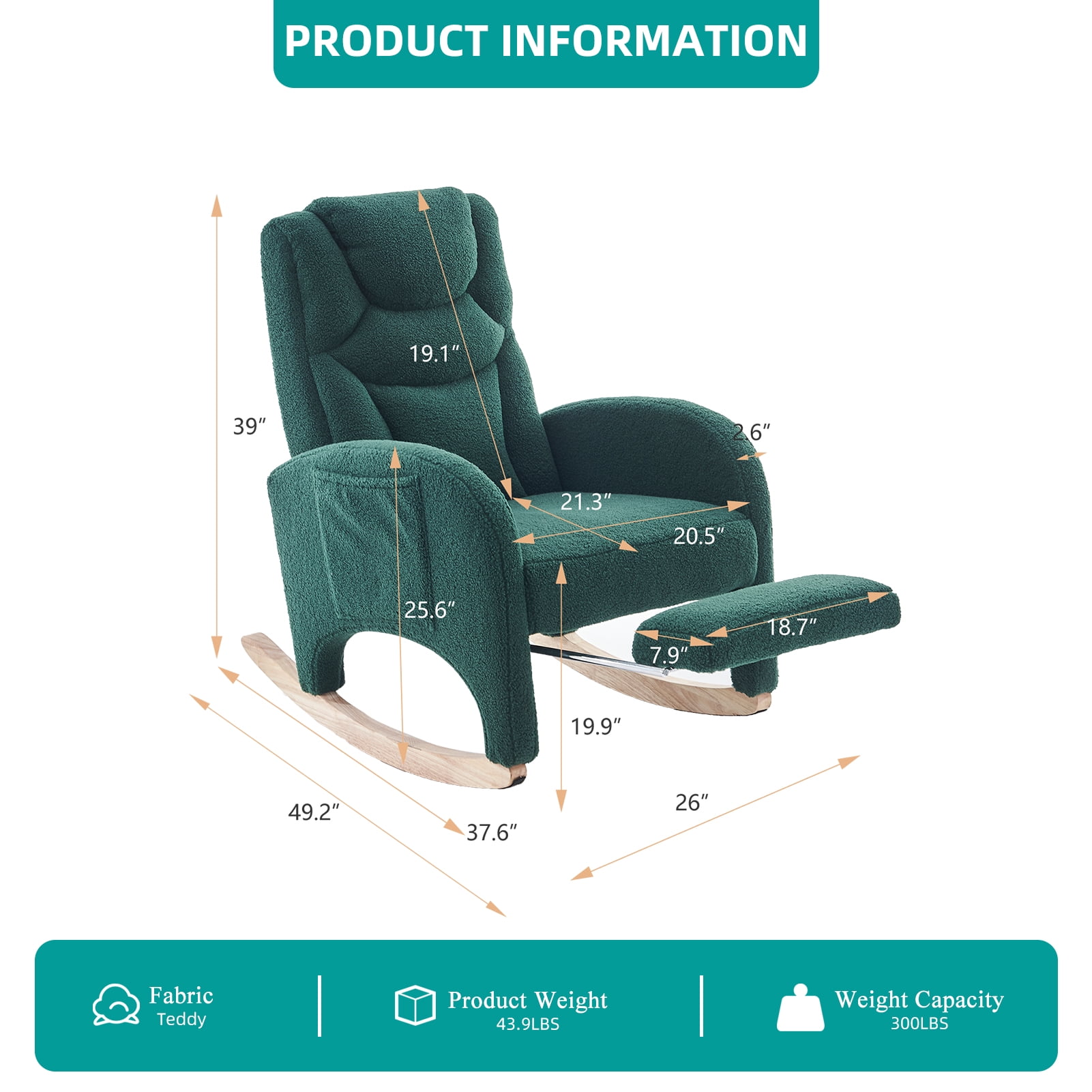 ALAKFORM Rocking Chair Nursery with Foot Rest,Upholstered Teddy Glider Rocker with Wood Legs, Nursing Rocking Chair for Living Room/Nursery,Green