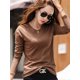 thumbnail image 1 of Camisetas de manga larga para mujer, Camisa de algodón con botones verdes y cuello en V, Color sólido, café coreano, Tops sueltos suaves 2024, 1 of 5