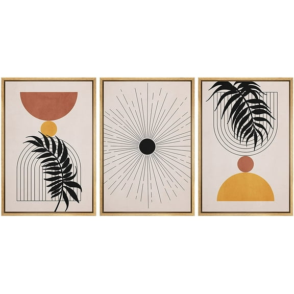 wall26 Framed Canvas Print Wall Art Set Mid-Century Geometric Tropical Palm Leaf Nature Abstract Illustrations Modern Art Bohemian Decorative for Living Room, Bedroom, Office - 16"x24"x3 Natural