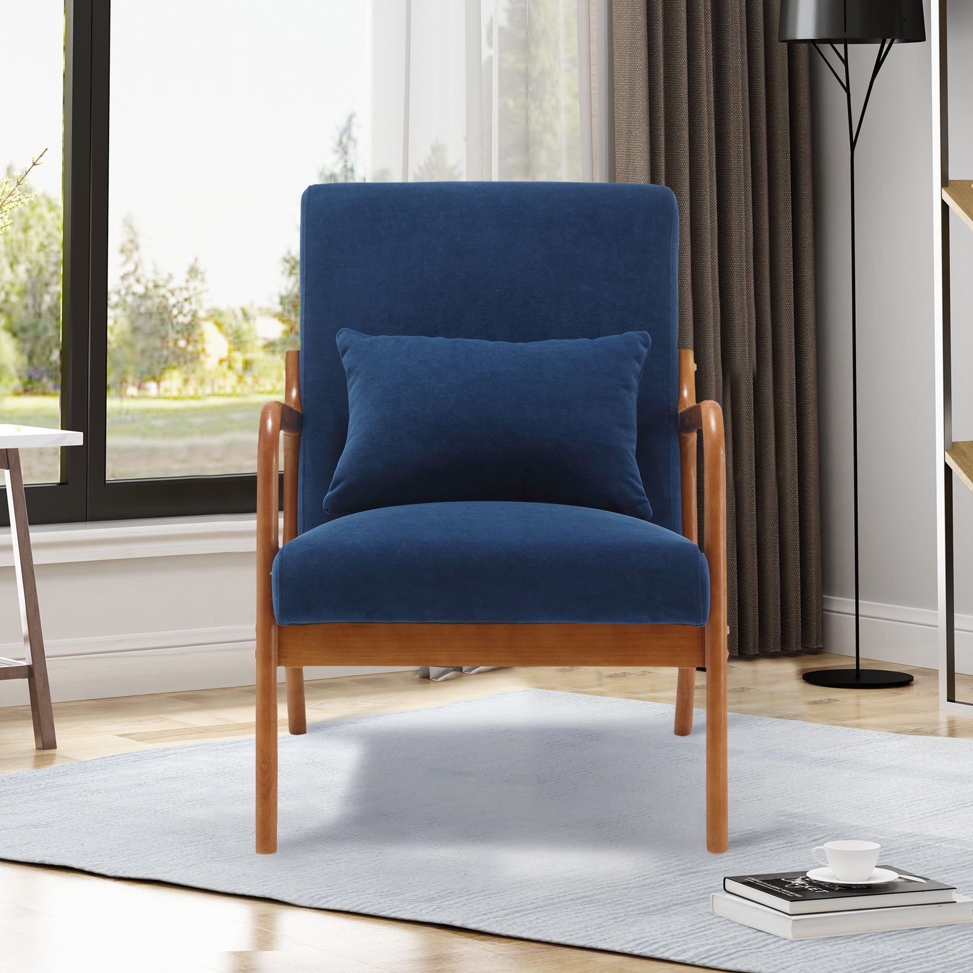 Miniyam Modern Velvet Accent Chair, Solid Wood Lounge Reading Armchair With One Pillow for Living Room, Bedroom, Guest Room, Navy
