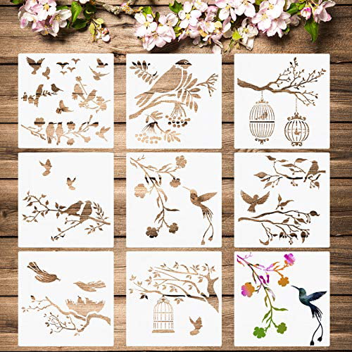 9 Pieces Butterfly Stencils Bird Flower Stencil Flying Bird Painting Template Stencil Tropical Butterfly Drawing Reusable Stencil for Paint Craft Wall DIY Home Decor Wood Draw 