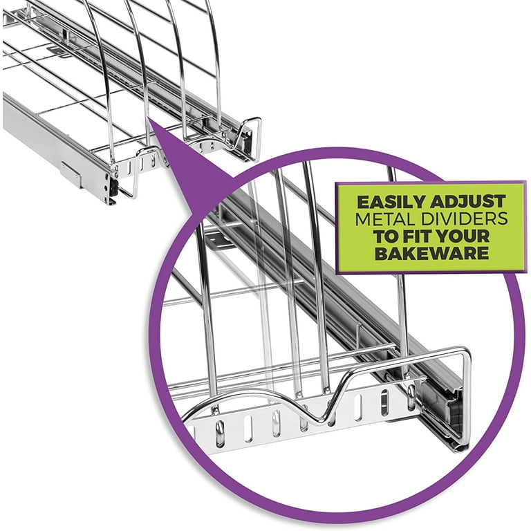 Hold N Storage Pull Out Bakeware Organizer 8.5 W x 21 L x 10.63 H Heavy Duty, Chrome, Size: 8.5 W x 21 D, White