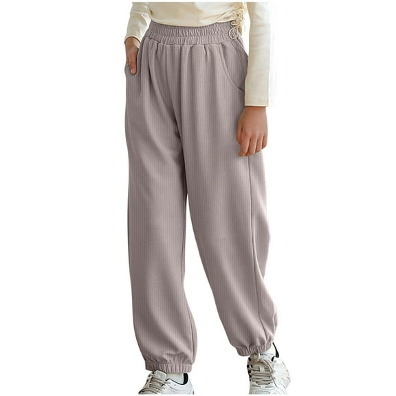 CQONEPT Kids Girls Sweatpants Waffle Casual Elastic Waist Jogger Pant Workouts Athletic Active Pant with Pockets Coffee 5 Years