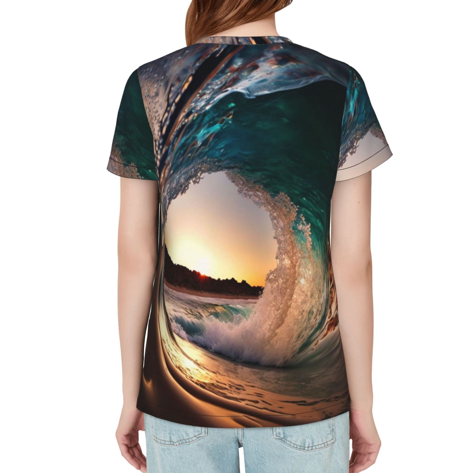 Women T Shirts Short Sleeve Summer Crew Neck Tee Tops, Wave Inside Hollow Morning Surf