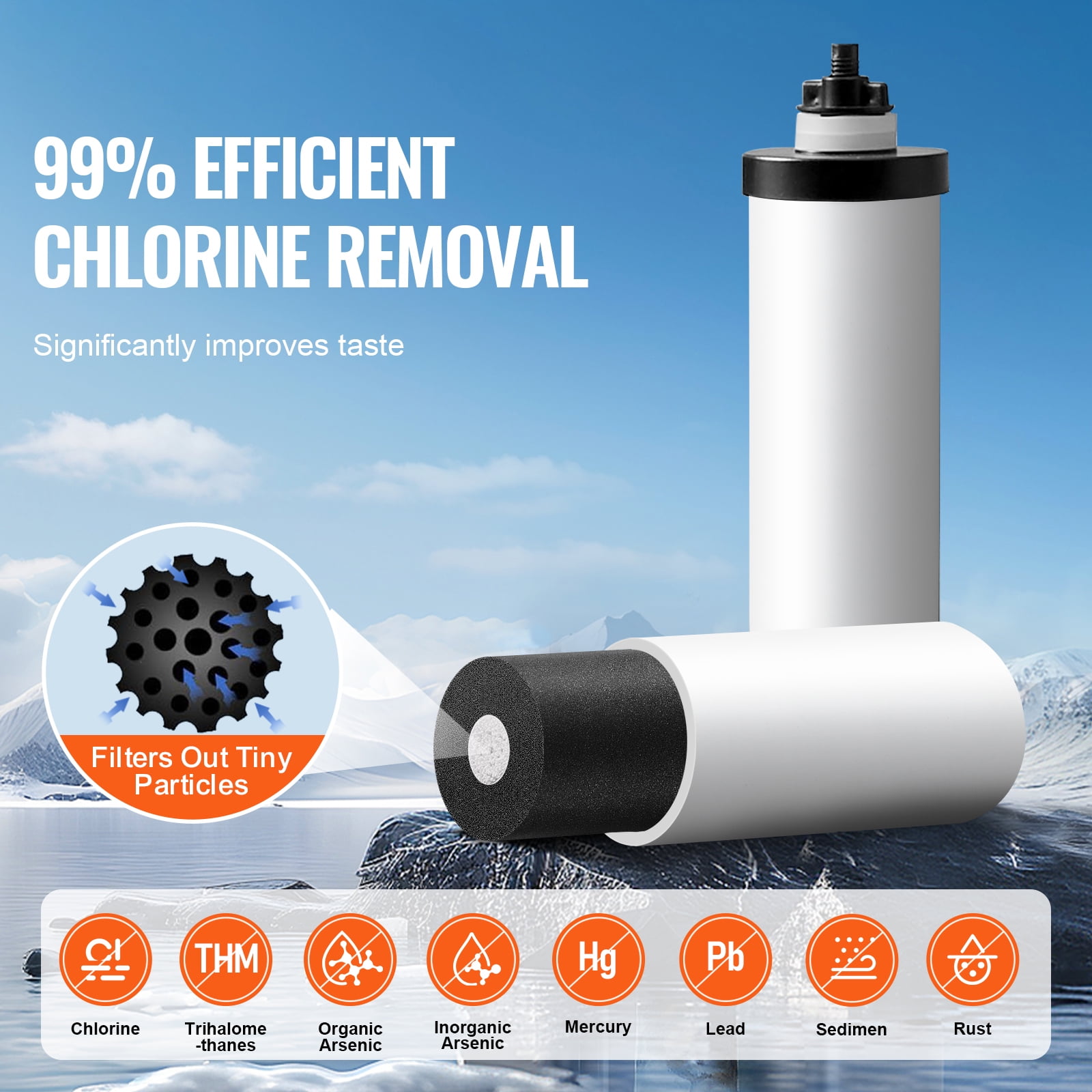 KFFKFF Water Purification Unit, Gravity-Driven, 2.25G 304 Stainless-Steel Tabletop Water Cleaner, Diminishes Lead and up to 99% of Chlorine, Includes 2 Ceramic Carbon Filters, Water Level Spigot