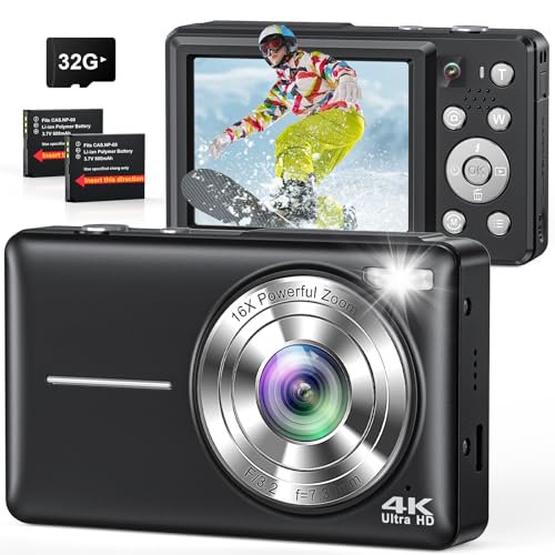 Cámara Digital Compacta 4K de 64MP con Doble Cámara, Auto Enfoque, Zoom 16X y Flash, Incluye Tarjeta SD de 32GB, Ideal para Vlogging y Fotografía para Niños, Adolescentes y Adultos en Color Negro
