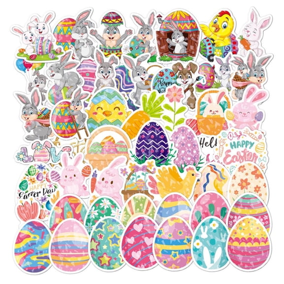 CoreLiving Easter Stickers Bulk 50PCS Cute Bunny Vinyl Egg Decorations for Easter Basket Stuffers Party Favors DIY Craft Supplies Durable Reusable Easter Egg Fillers