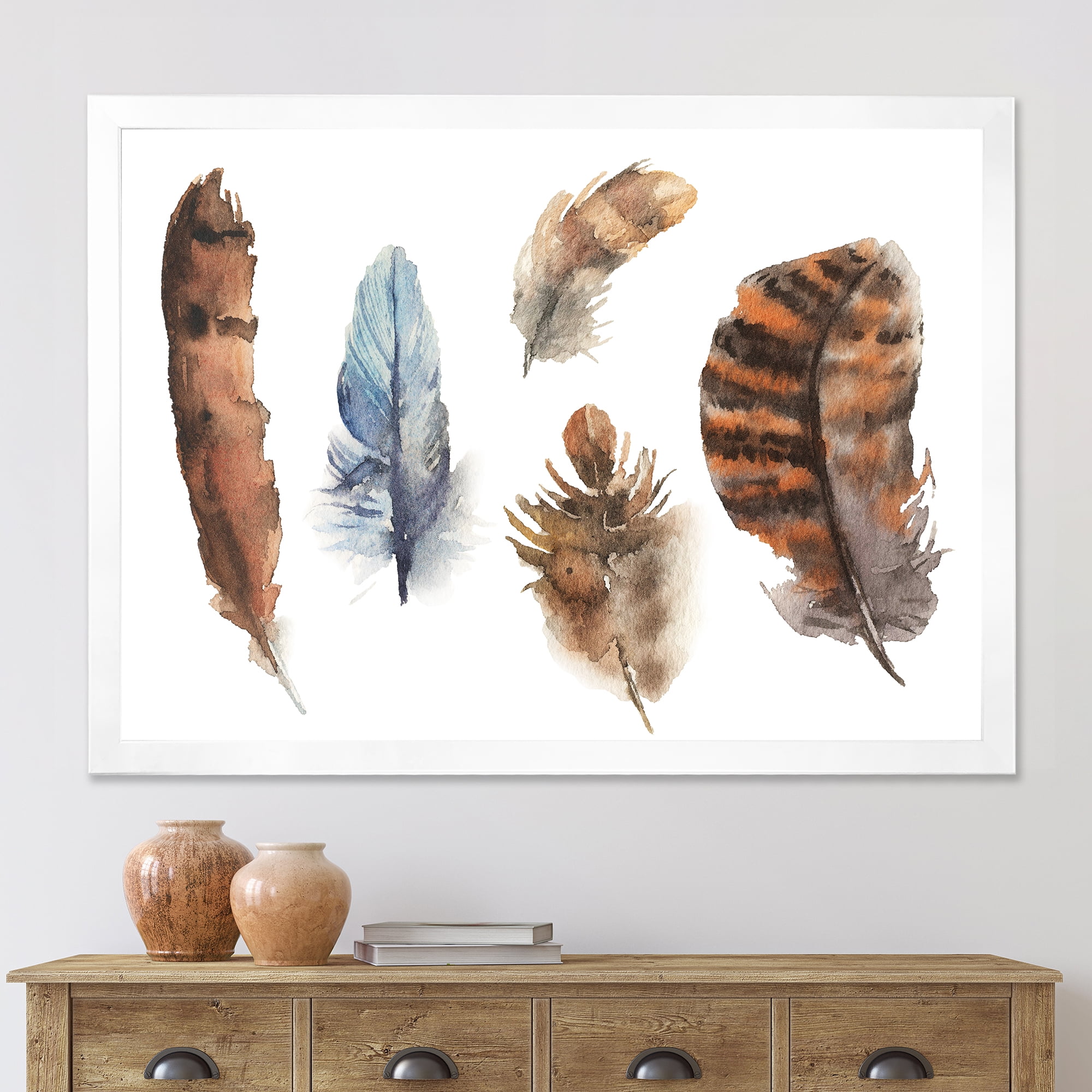 Designart 'Ethnic Boho Feathers In Earth Tones On White' Bohemian & Eclectic Framed Art Print