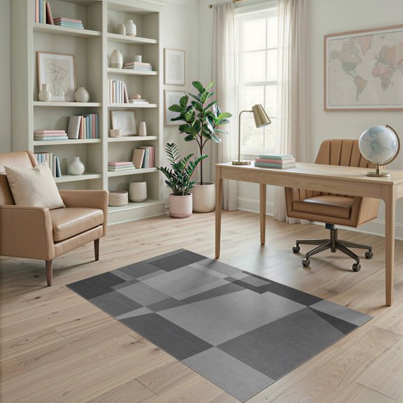 ODIKA 4'x6' Gray Geometric Contemporary Design Washable Area Rug Modern Abstract Overlapping Rectangular Blocks Minimalist Architecture Non-Slip, Chair-Friendly, Flatwoven for Home Office, Under Desk