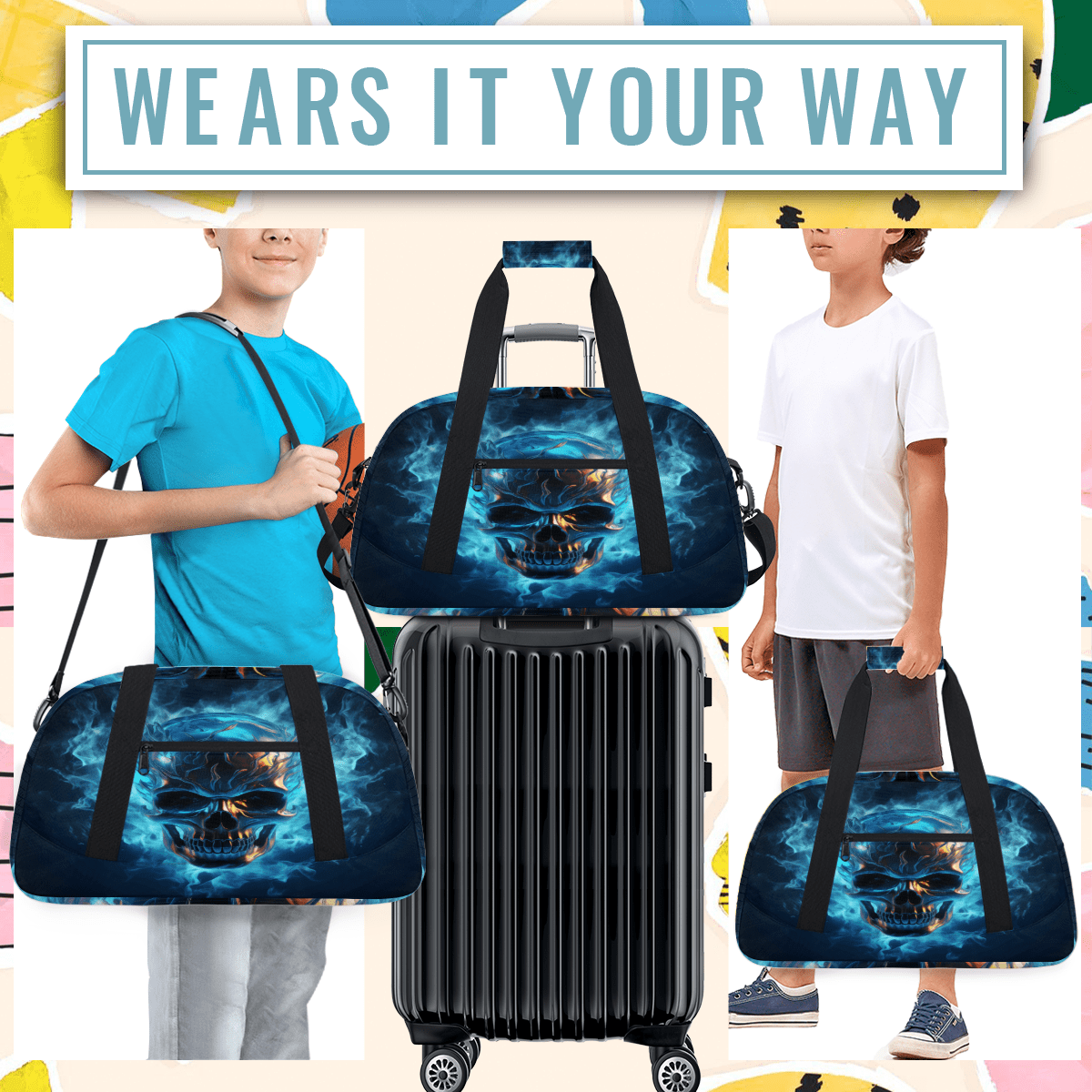 Herdesigns Skull Sports Duffle Bag for Women & Men, Gym Bag Dance Bag Overnight Bag Carry On Weekender Travel Bag