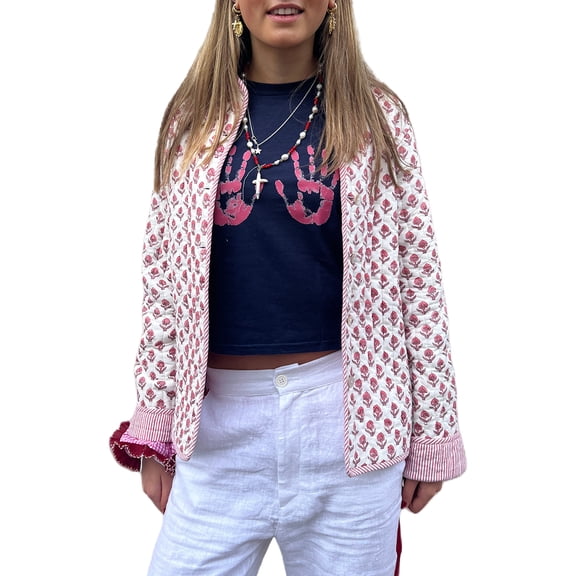 LMLYSoH Women's Quilted Jacket Double Sided Printed Mock Neck Long Sleeve Button Down Coat Casual Outerwear