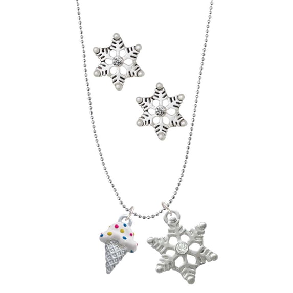 Delight Jewelry Silvertone 2-D Vanilla Ice Cream Cone with Sprinkles Silver tone Snowflake Charm Necklace and Stud Earrings