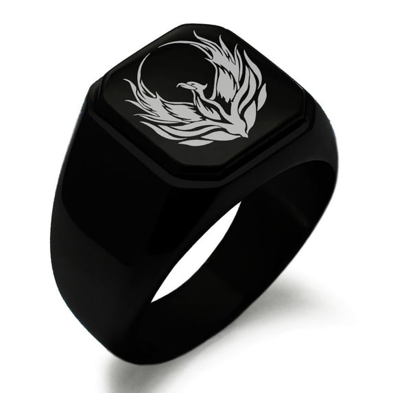 Stainless Steel Greek Mythology Phoenix Engraved Square Flat Top Biker Style Polished Signet Ring