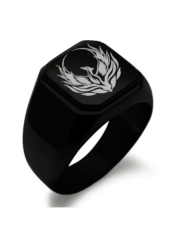 Stainless Steel Greek Mythology Phoenix Engraved Square Flat Top Biker Style Polished Signet Ring