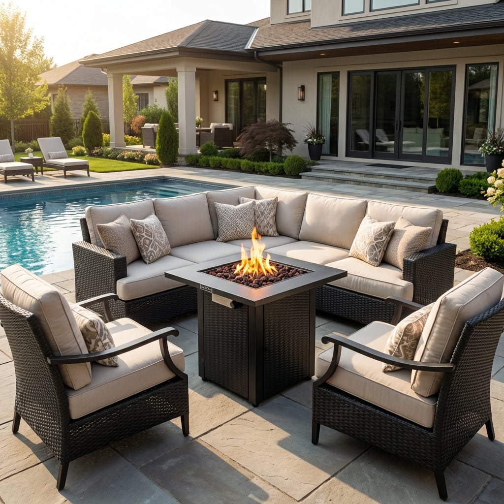 Legacy Heating 28" Square Wicker Propane Fire Pit Table - 50,000BTU, Lava Rock, ETL Certified - Patio, Deck, Backyard