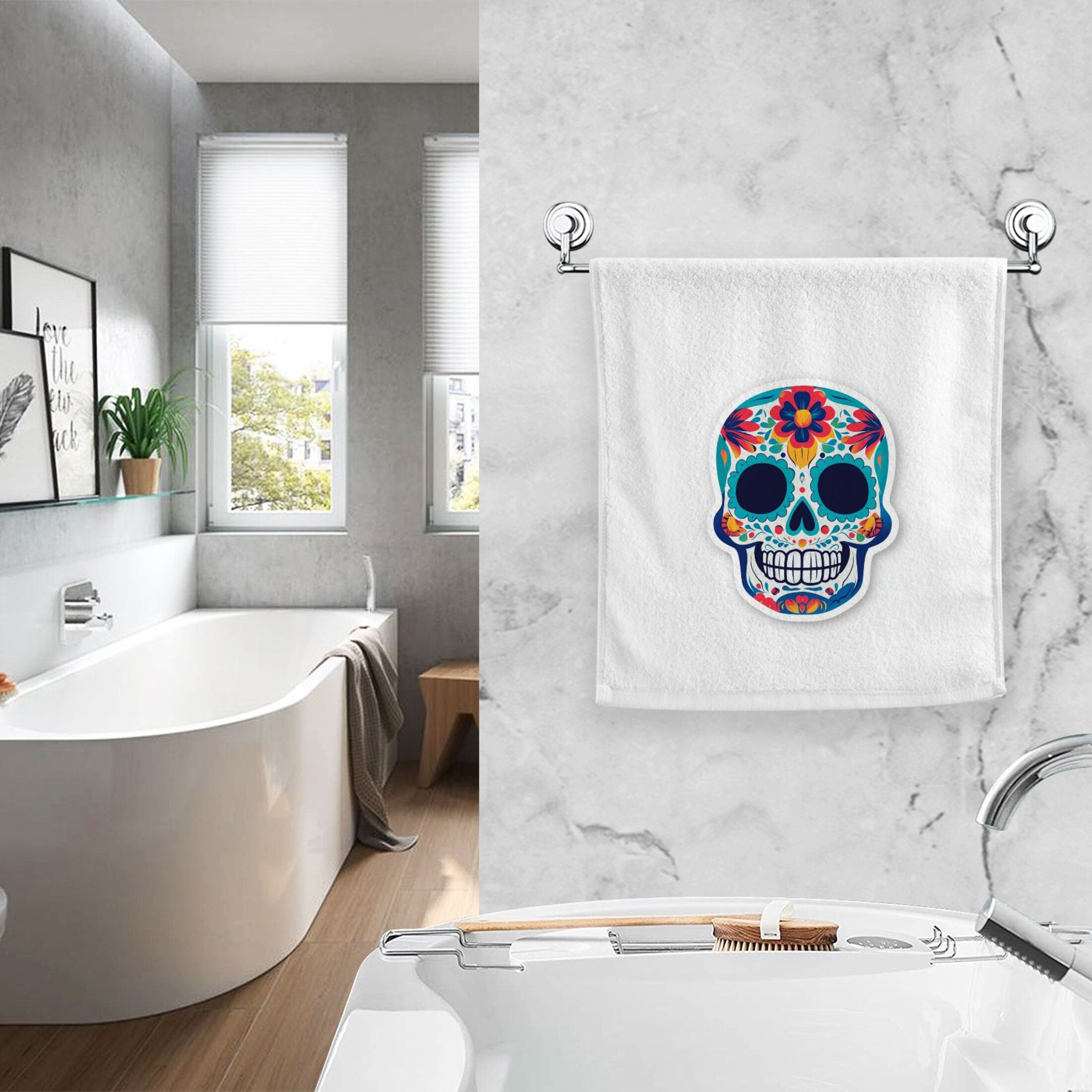 Blue-white Skull with Flowers Pure Cotton Towels Bath Towel