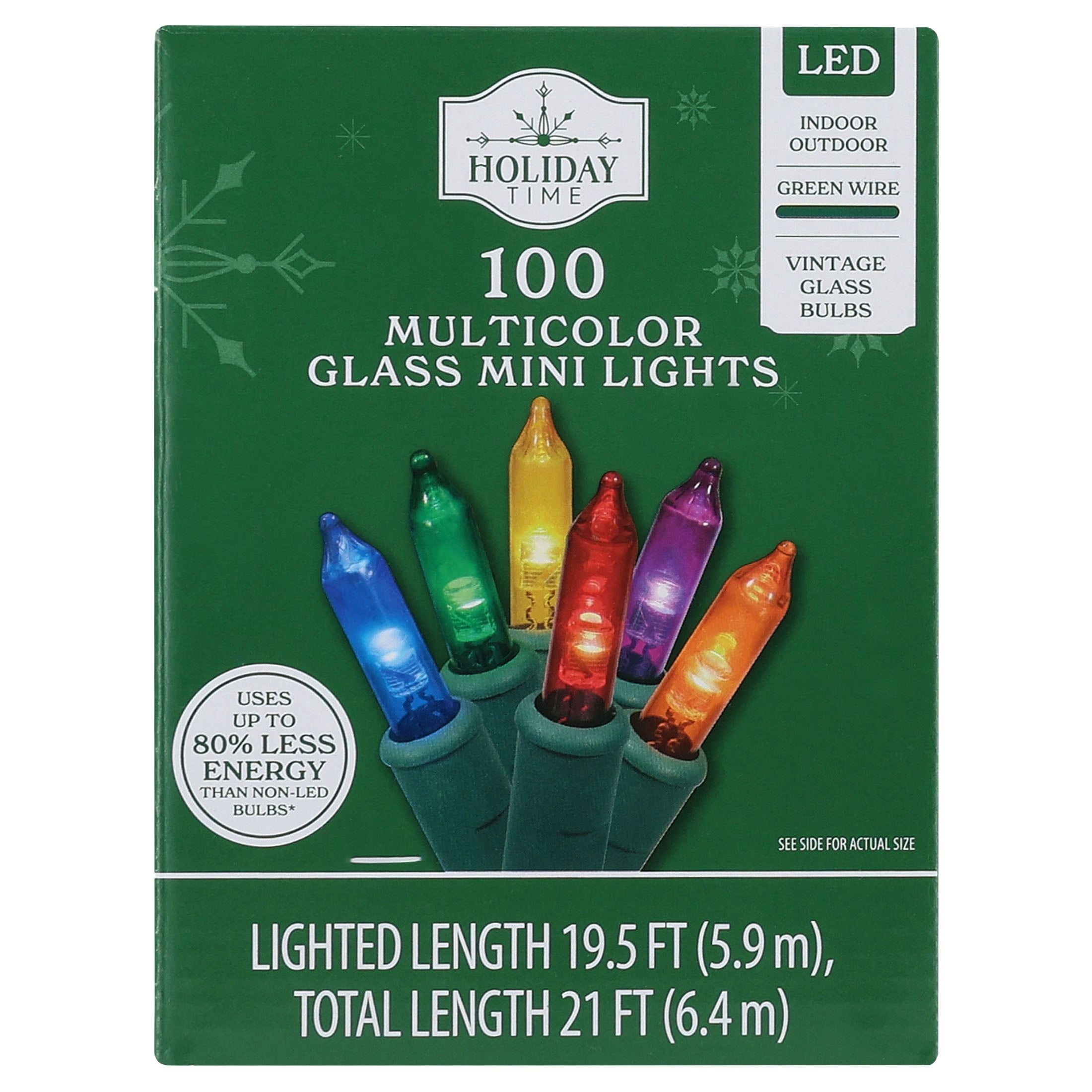 Indoor/Outdoor 100-Count LED Glass Mini Christmas String Lights, Multicolor, Green Wire, 19.5', by Holiday Time