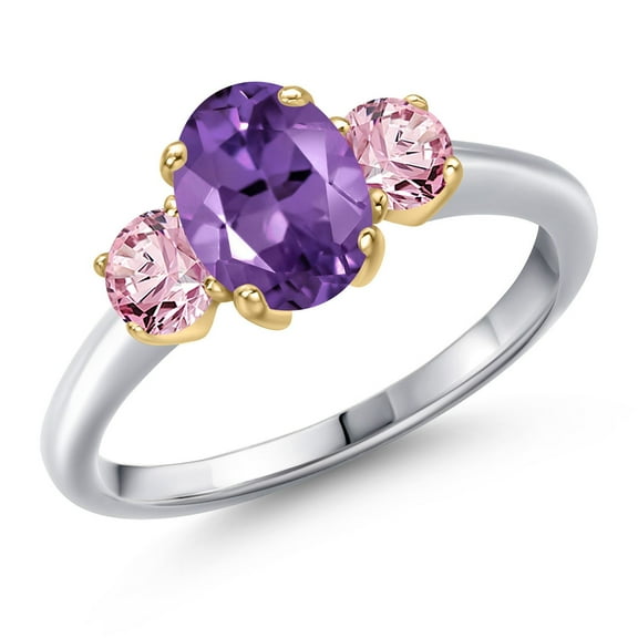 Gem Stone King 925 Silver and 10K Yellow Gold Purple Amethyst and Pink Lab Grown Diamond Engagement Ring for Women | 1.65 Cttw | Oval 8X6MM | Gemstone February Birthstone | Size 6