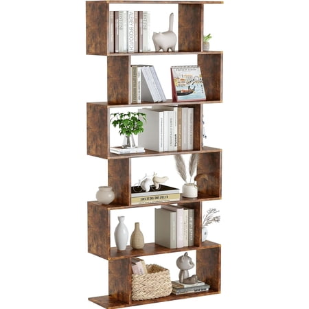 6-Tier S-Shaped Bookcase, Modern Geometric Wooden Shelf, Rustic Brown, 27.8"W x 9.4"D x 74"H