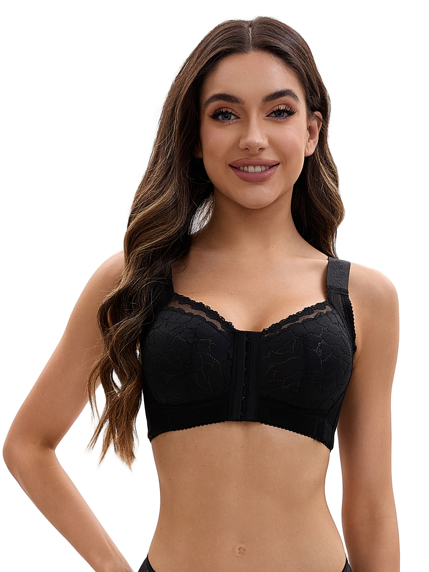 Unique Bargains Lace Front Closure Full Coverage Wirefree Bras E 44 Black