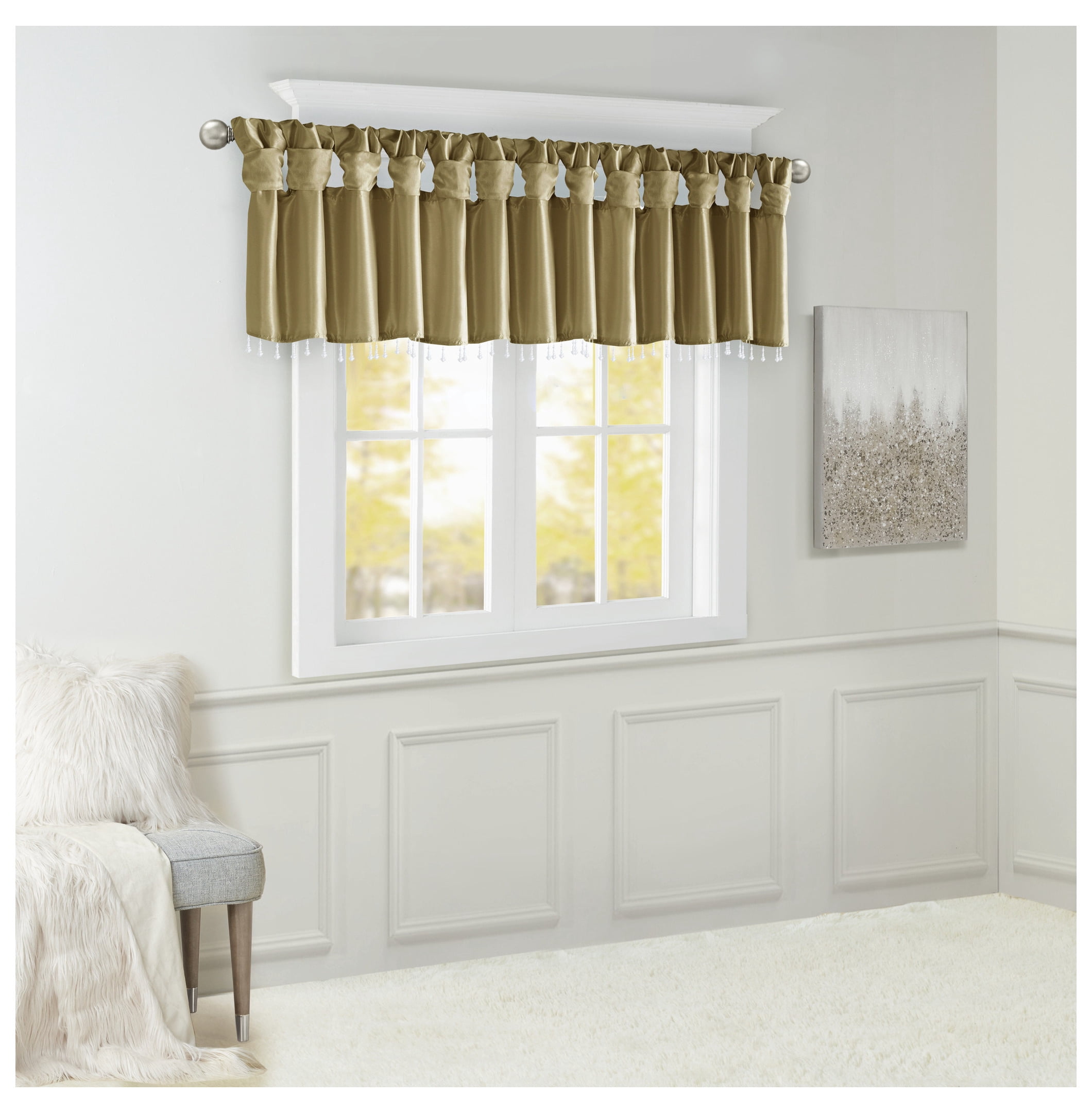 Lightweight Faux Silk Valance With Beads Bronze 50x26"