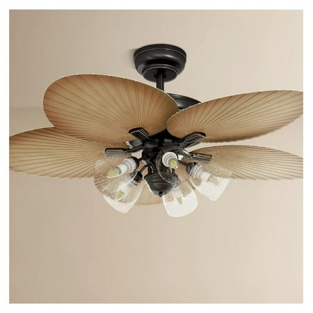 

52 Inch Tropical Ceiling Fans with Light and Palm Leaf Fanlight with Clear Seeded Glass Light Kit 3 Speed 4 Timer Silent Reversible Motor - Sandstone and Black