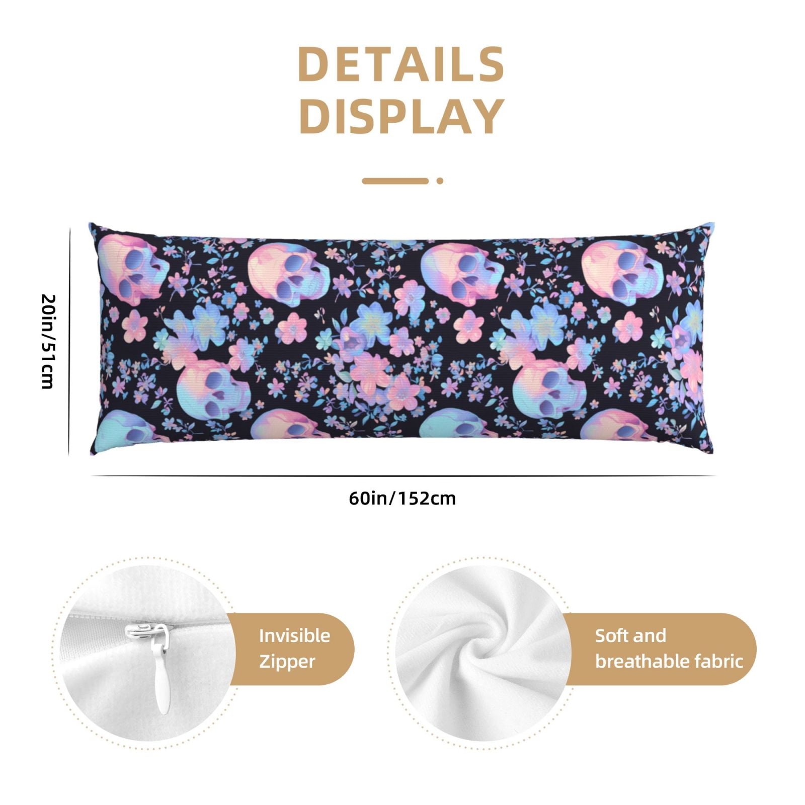 Naloa cool Skull flower Super Soft 20x60 Body Pillow Case,Long Side Hidden Zipper（PILLOWS ARE NOT INCLUDED）