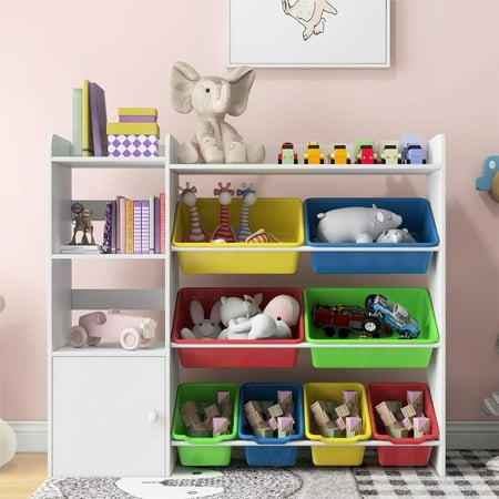 Kids Toy Storage Organizer 4-Tier Toy Organizers W/8 Removable Storage Bins Kids Bookshelf and Toy Storage for Study Room Bedroom Kids Room Classroom Nursery (White)