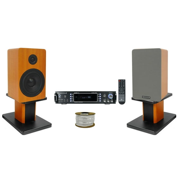 Rockville RPA60BT Receiver (2) 5.25" Wood Bookshelf Speakers 8" Wood Stands   Rockville R14GSBR100 Red/Blk 14 Gauge 100' Ft. Mini Spool Car Audio Speaker Wire