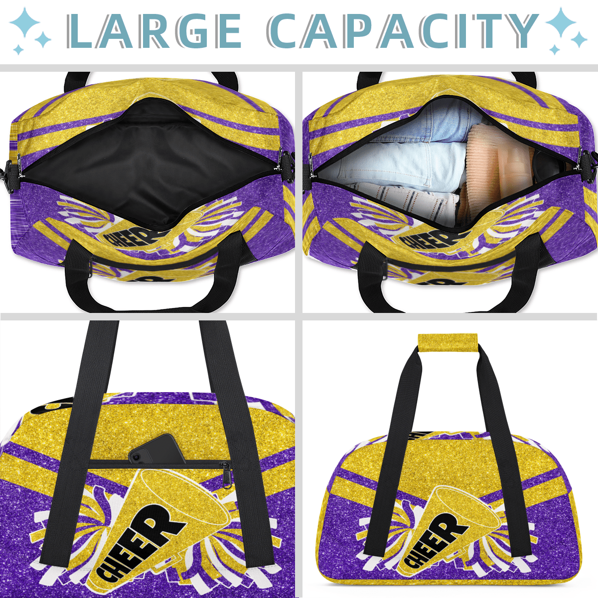 Herdesigns Cheer Bags Overnight Duffel Bags Cheerleading Purple Gold Sport Gym Bag Travel Bag Travel Waterproof Weekender Bag Carry On Travel Tote Bag Dance Bags