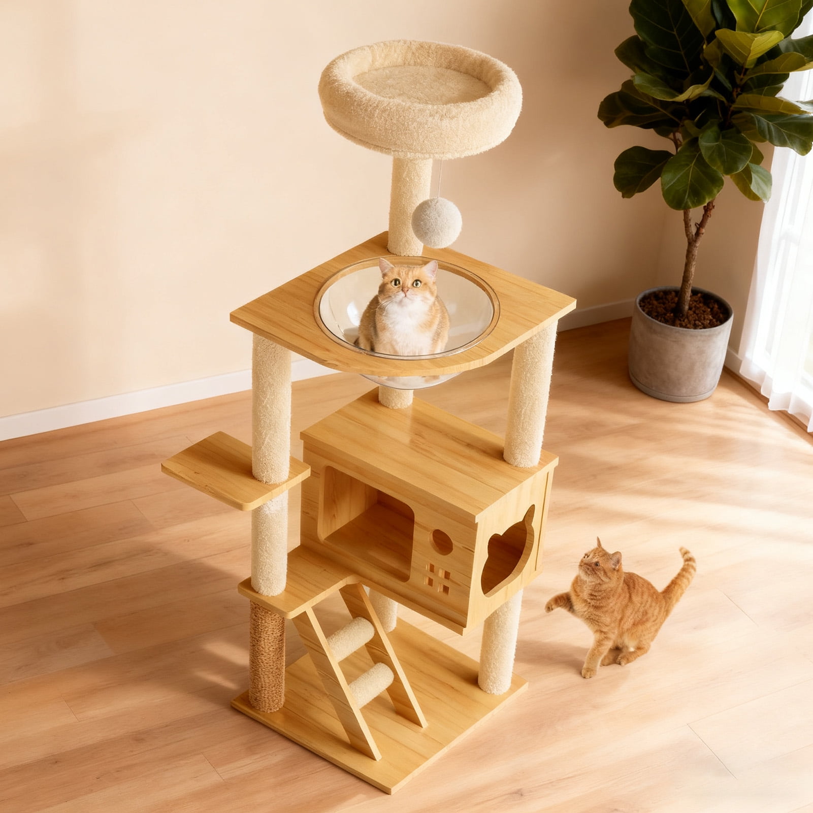 Vacmaster 48.8in Modern Cat Tower, Wood Cat Tree Tower for Indoor Cats, Cat Treewith Sisal-Covered Scratching Posts and Top Perch, Cat Condo with Acrylic Hammock for Small Large Cats