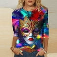 thumbnail image 4 of Gamivast Women Carnival Tops Plus Size 3/4 Sleeve Funny Mask Graphic Blouses Loose Fitted Crewneck Tunic Dressy T-Shirt Holiday Mardi Gras Pullover, 4 of 5