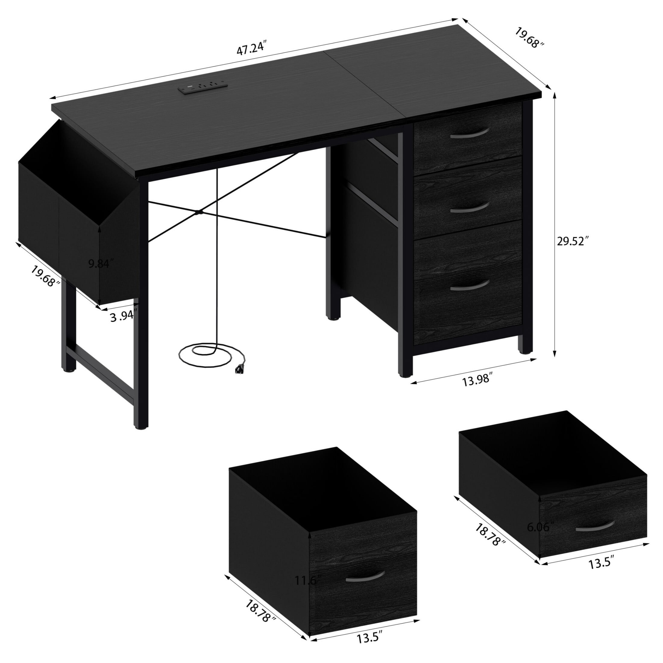 DEALTOPS Computer Desk with Power Outlets, Office desk with Reversible Fabric Drawers and Side Pocket, Black